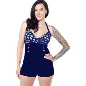 NAVY SKULL PRINT RETRO HALTER ONE PIECE SWIMSUIT